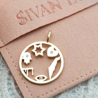 Israel Amulet, Israeli Symbols Pendant Necklace, 14k Gold Pendant Necklace with Magen David, Hamsa, Chai, Israel Map, Charm Pendant
