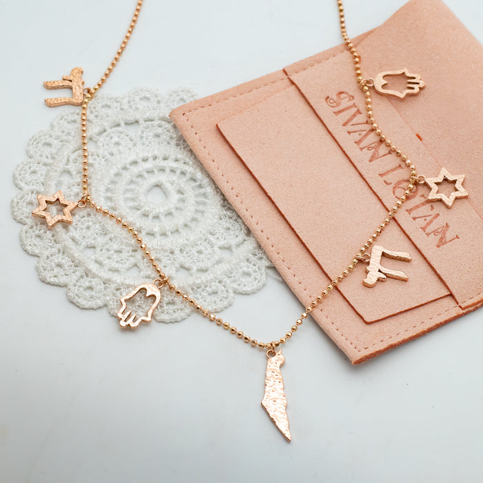 Israel Necklace, 14K Gold Charms Necklace, Israeli Charms Necklace, Map of Israel Necklace, Magen David, Hamsa, Chai, Israeli Jewelry