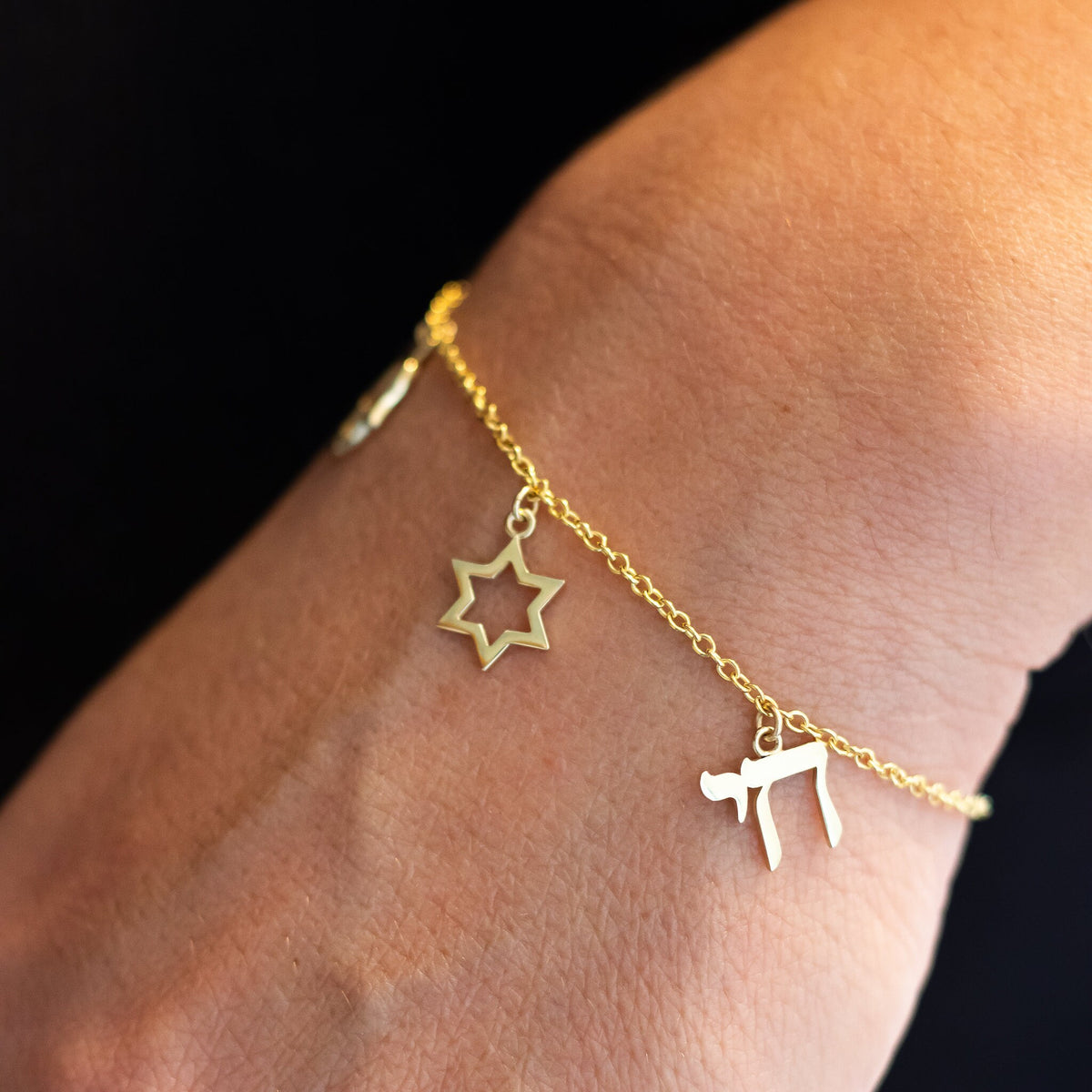 Israeli Charms Gold Bracelet - Magen David, Hamsa, and Chai Charms, 14K Gold Charms Chain Bracelet.