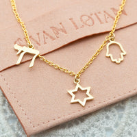 Israeli Charms Gold Bracelet - Magen David, Hamsa, and Chai Charms, 14K Gold Charms Chain Bracelet.
