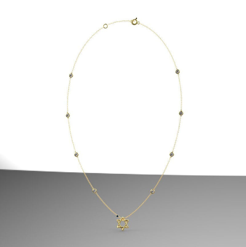 Diamond By The Yard Necklace with Star of David, Magen David Diamond Necklace, 14K Gold Star of David Necklace with Diamonds and Sapphire