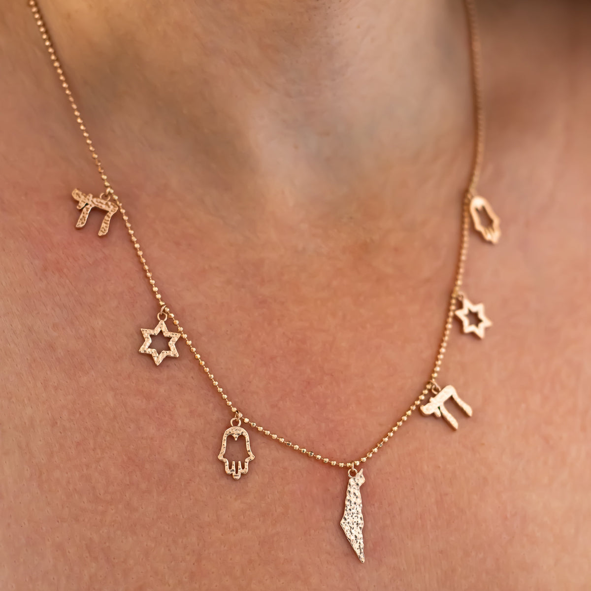 Israel Necklace, 14K Gold Charms Necklace, Israeli Charms Necklace, Map of Israel Necklace, Magen David, Hamsa, Chai, Israeli Jewelry