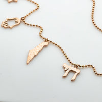Israel Necklace, 14K Gold Charms Necklace, Israeli Charms Necklace, Map of Israel Necklace, Magen David, Hamsa, Chai, Israeli Jewelry