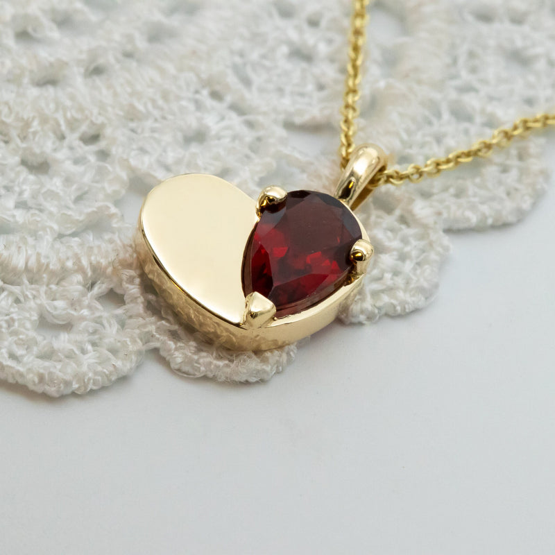 Ready To Ship - Garnet Heart Pendant Necklace, January Birthstone, Gemstone Heart Necklace, 14K Gold Pendant, Personalized Initial Engraving