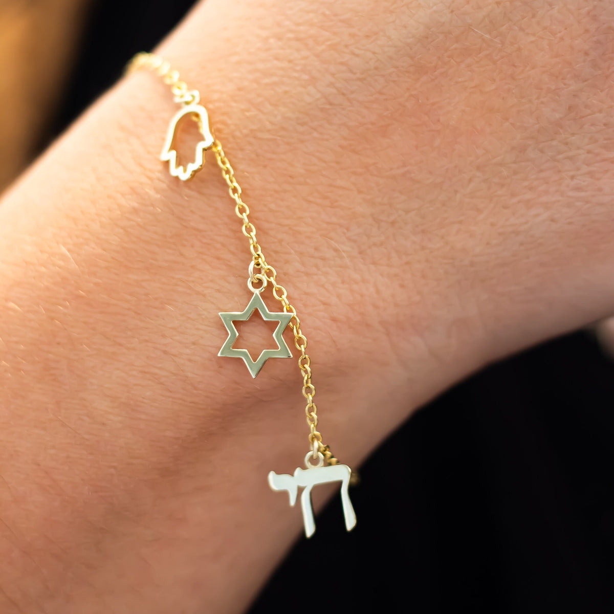Israeli Charms Gold Bracelet - Magen David, Hamsa, and Chai Charms, 14K Gold Charms Chain Bracelet.