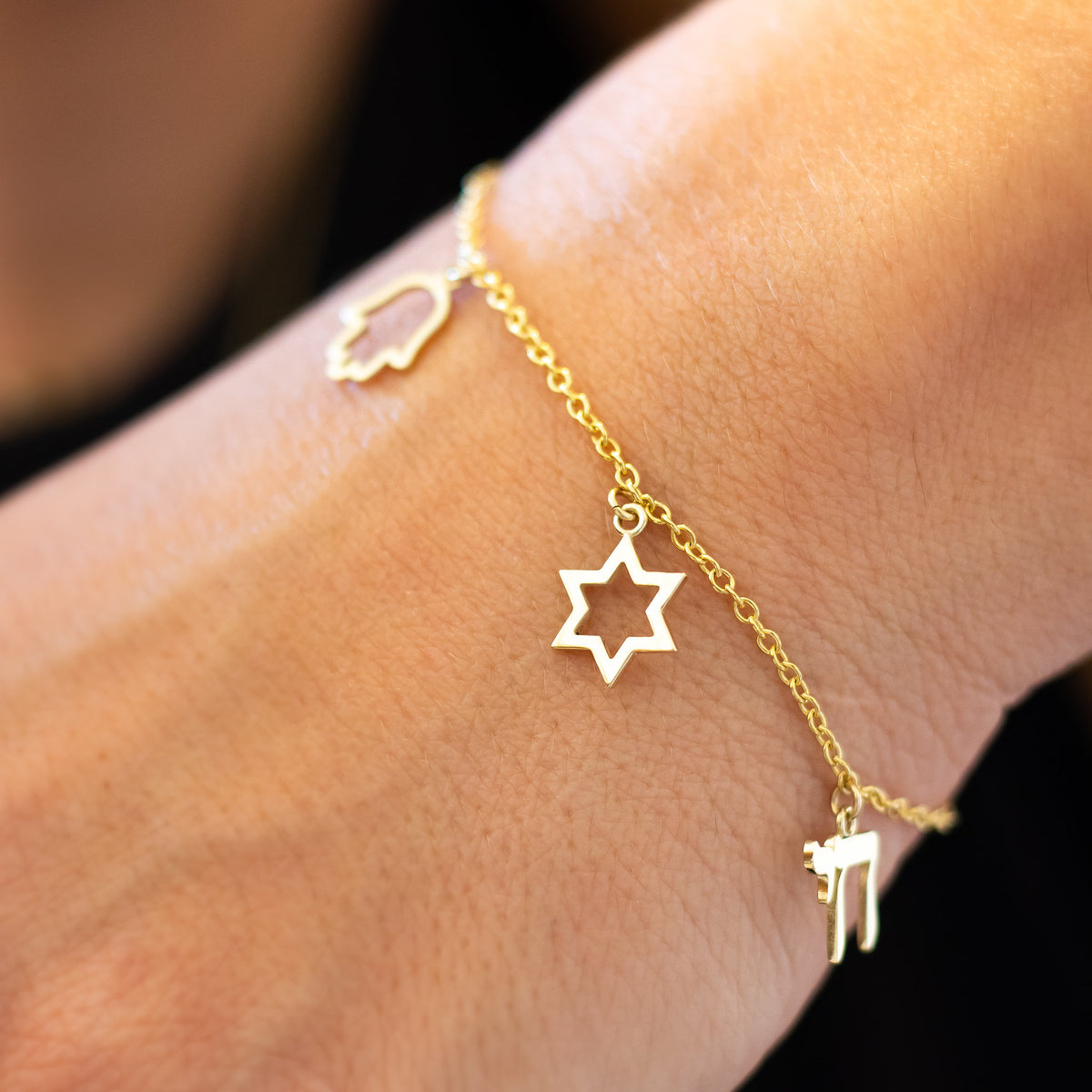 Israeli Charms Gold Bracelet - Magen David, Hamsa, and Chai Charms, 14K Gold Charms Chain Bracelet.