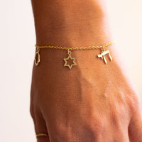 Israeli Charms Gold Bracelet - Magen David, Hamsa, and Chai Charms, 14K Gold Charms Chain Bracelet.