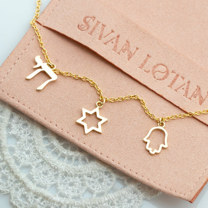 Israeli Charms Gold Bracelet - Magen David, Hamsa, and Chai Charms, 14K Gold Charms Chain Bracelet.