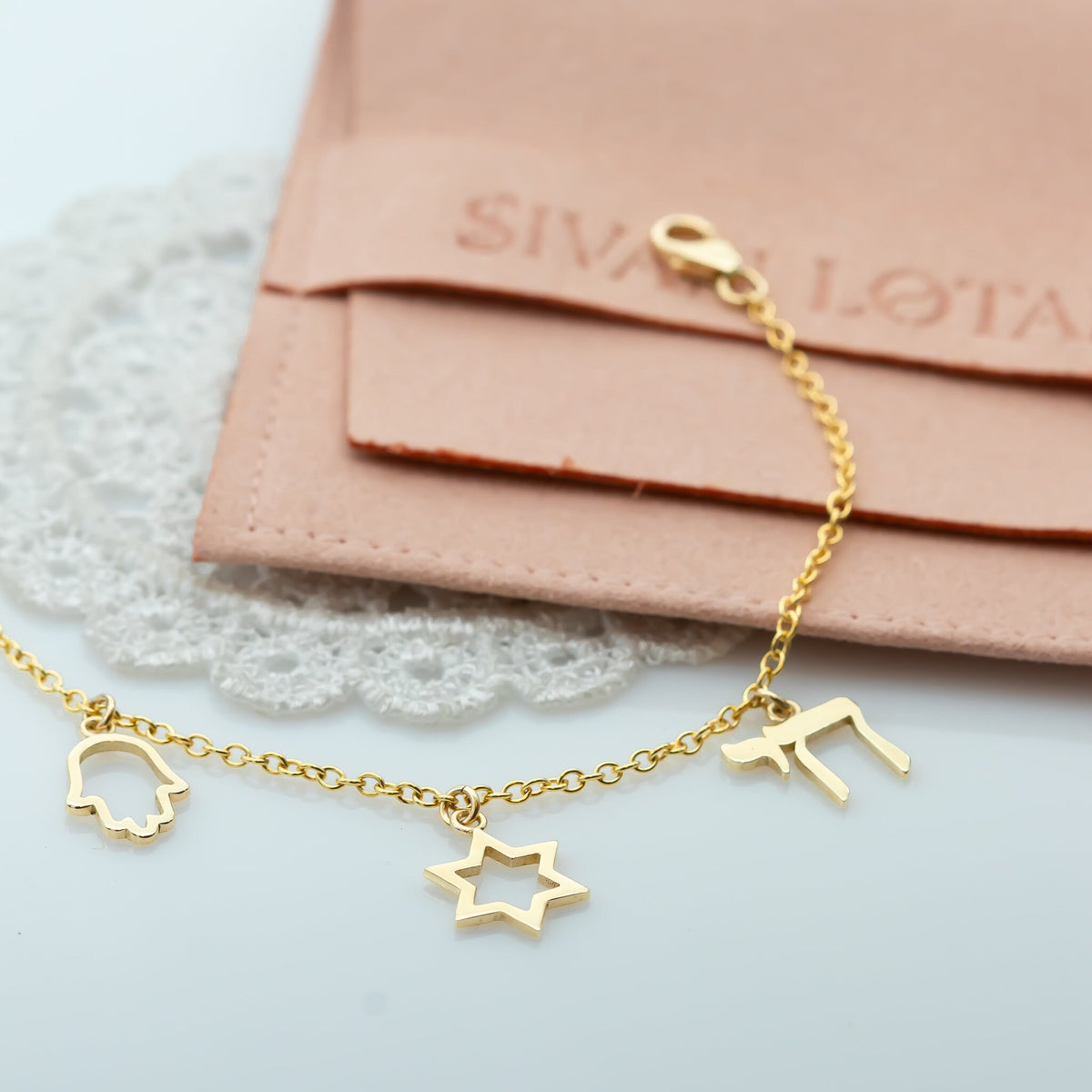 Israeli Charms Gold Bracelet - Magen David, Hamsa, and Chai Charms, 14K Gold Charms Chain Bracelet.