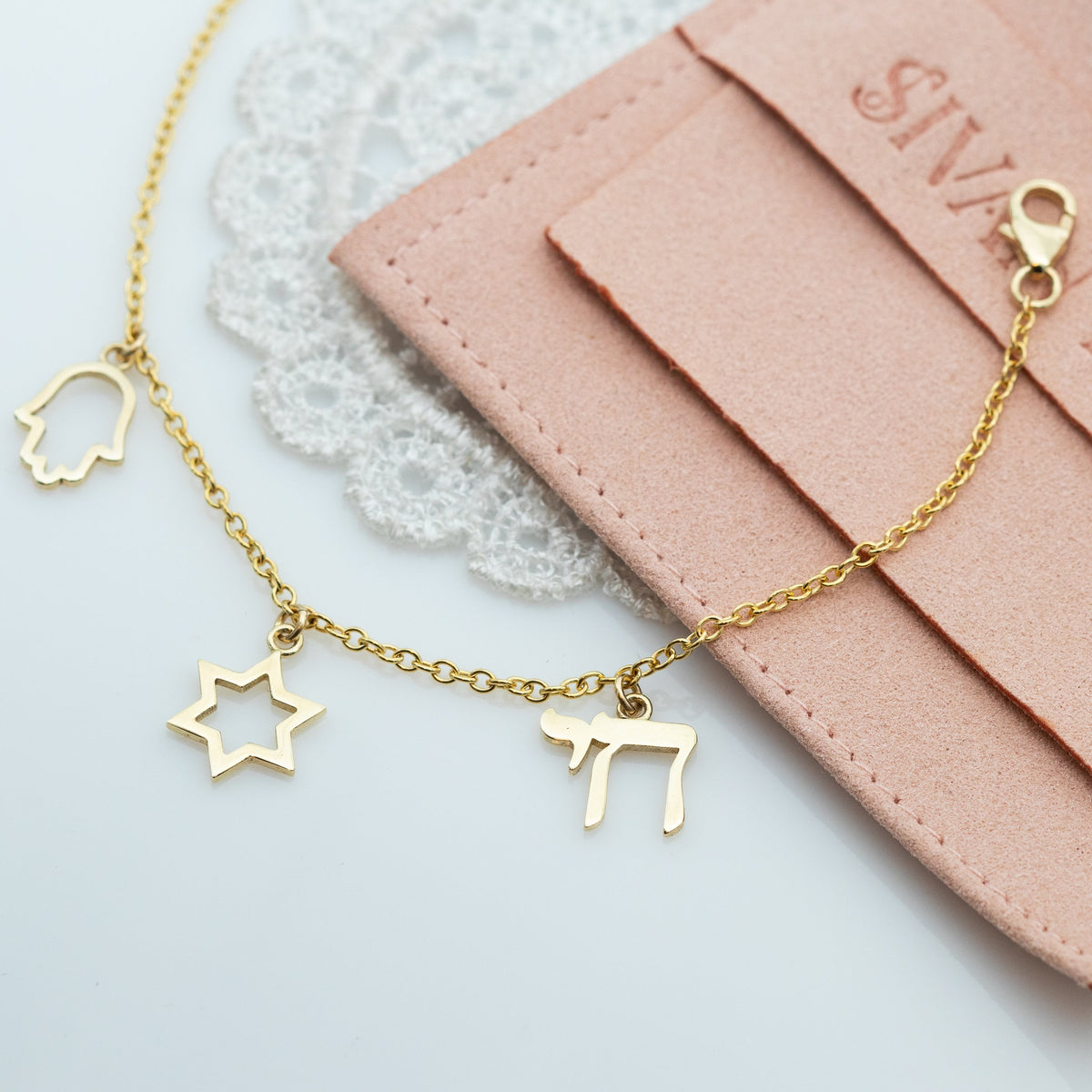 Israeli Charms Gold Bracelet - Magen David, Hamsa, and Chai Charms, 14K Gold Charms Chain Bracelet.