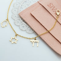 Israeli Charms Gold Bracelet - Magen David, Hamsa, and Chai Charms, 14K Gold Charms Chain Bracelet.