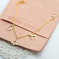 Israeli Charms Gold Bracelet - Magen David, Hamsa, and Chai Charms, 14K Gold Charms Chain Bracelet.