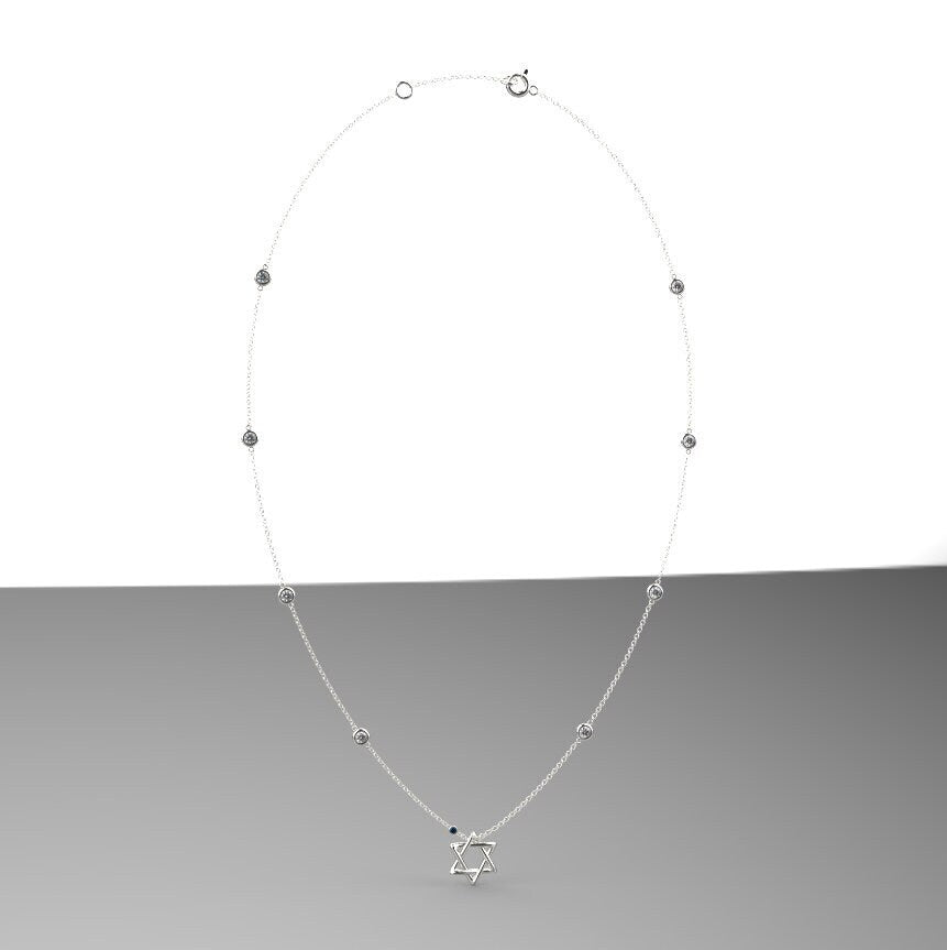 Diamond By The Yard Necklace with Star of David, Magen David Diamond Necklace, 14K Gold Star of David Necklace with Diamonds and Sapphire