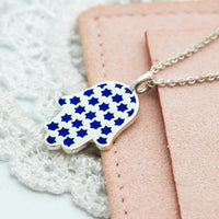 Hamsa Made in Israel Hamsa Pendant Necklace, 14k Gold Hamsa Pendant, Blue Enamel Magen David, Blue and White Hamsa Necklace Star of David