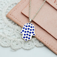 Hamsa Made in Israel Hamsa Pendant Necklace, 14k Gold Hamsa Pendant, Blue Enamel Magen David, Blue and White Hamsa Necklace Star of David