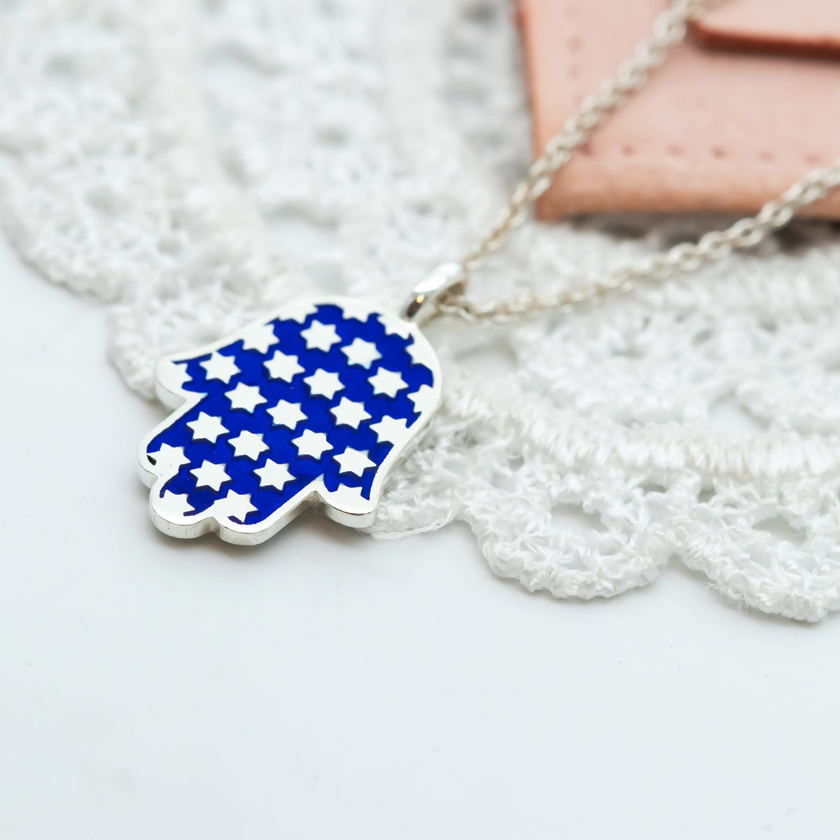 Hamsa Made in Israel Hamsa Pendant Necklace, 14k Gold Hamsa Pendant, Blue Enamel Magen David, Blue and White Hamsa Necklace Star of David