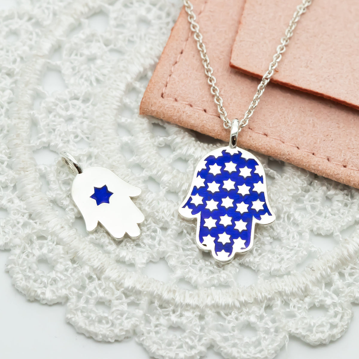 Hamsa Made in Israel Hamsa Pendant Necklace, 14k Gold Hamsa Pendant, Blue Enamel Magen David, Blue and White Hamsa Necklace Star of David