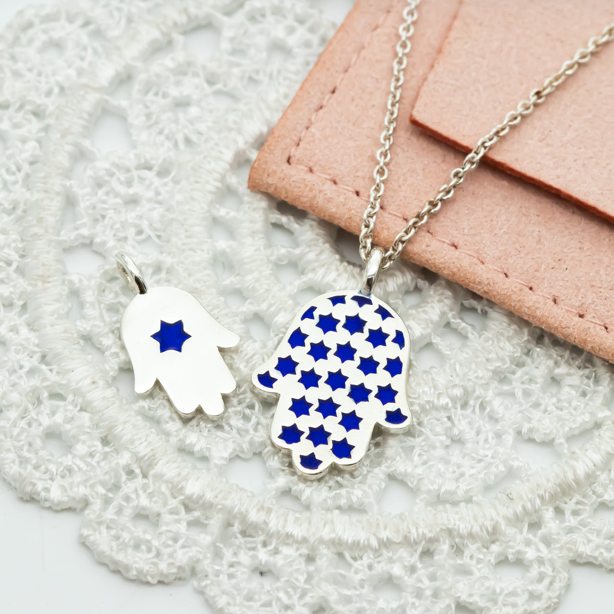 Hamsa Made in Israel Hamsa Pendant Necklace, 14k Gold Hamsa Pendant, Blue Enamel Magen David, Blue and White Hamsa Necklace Star of David