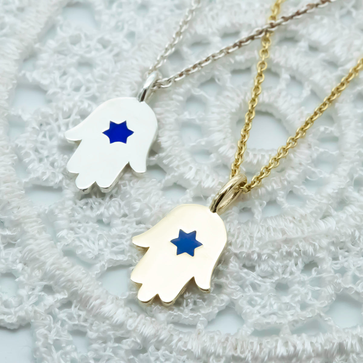 Hamsa Star of David Pendant Necklace Made in Israel, 14k Gold Hamsa Pendant, Blue Star of David Hand Chain, Magen David Necklace from Israel