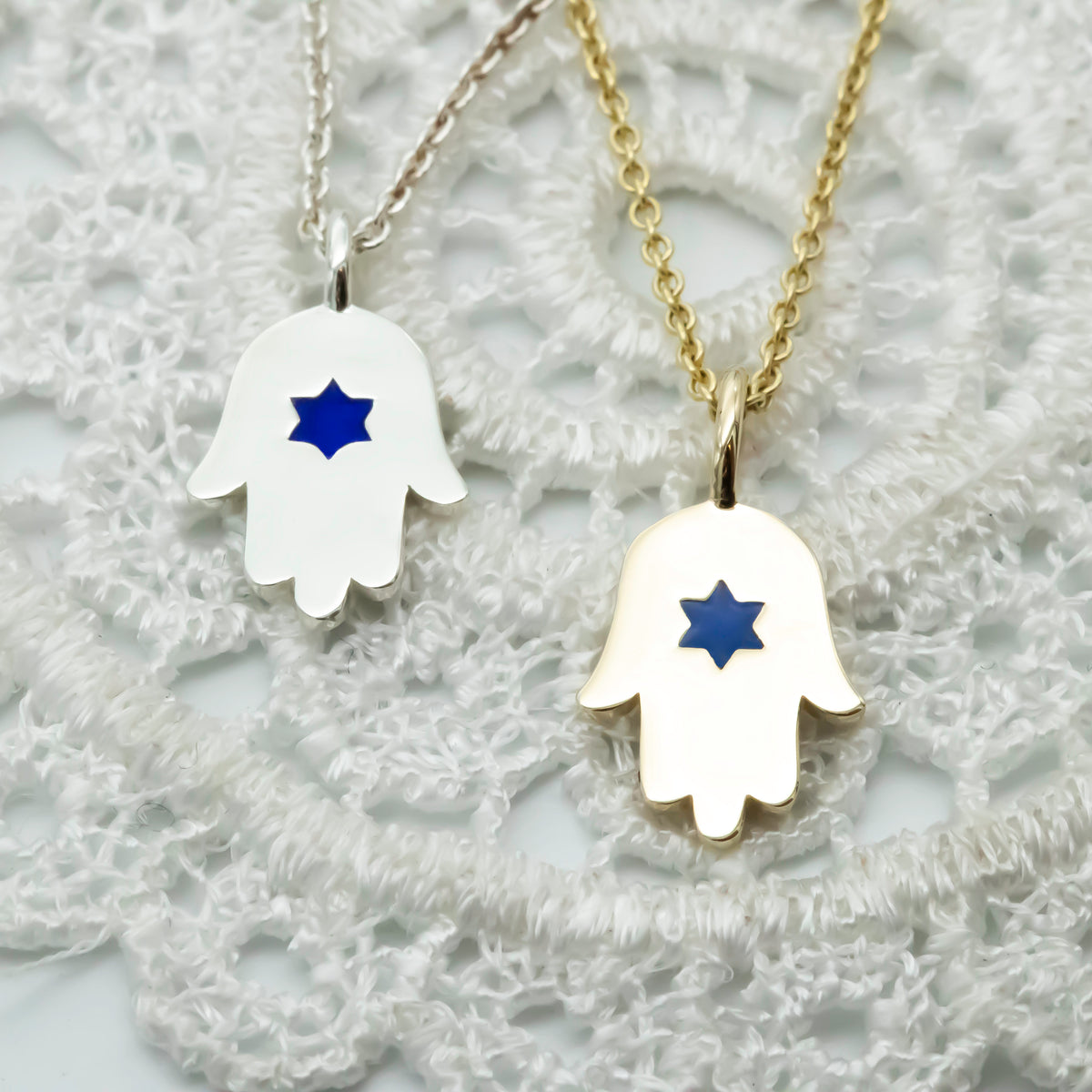 Hamsa Star of David Pendant Necklace Made in Israel, 14k Gold Hamsa Pendant, Blue Star of David Hand Chain, Magen David Necklace from Israel