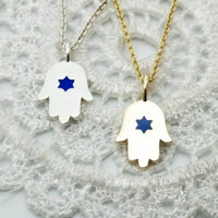 Hamsa Star of David Pendant Necklace Made in Israel, 14k Gold Hamsa Pendant, Blue Star of David Hand Chain, Magen David Necklace from Israel