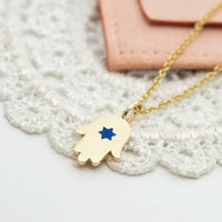 Hamsa Star of David Pendant Necklace Made in Israel, 14k Gold Hamsa Pendant, Blue Star of David Hand Chain, Magen David Necklace from Israel