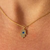 Hamsa Star of David Pendant Necklace Made in Israel, 14k Gold Hamsa Pendant, Blue Star of David Hand Chain, Magen David Necklace from Israel
