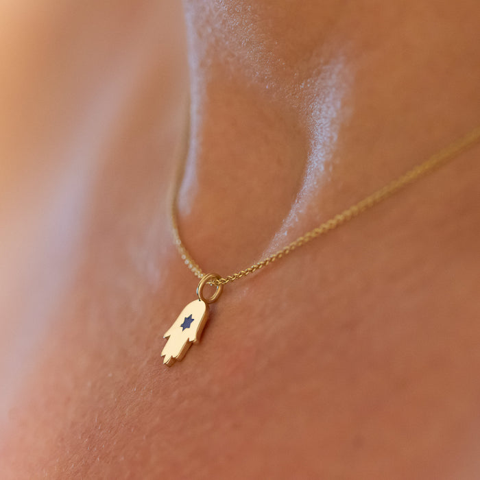 Hamsa Star of David Pendant Necklace Made in Israel, 14k Gold Hamsa Pendant, Blue Star of David Hand Chain, Magen David Necklace from Israel