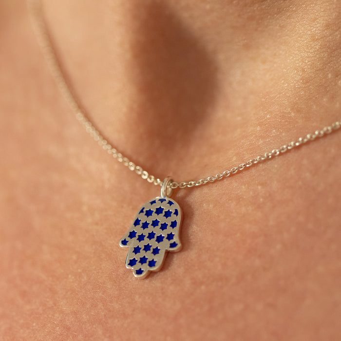 Hamsa Made in Israel Hamsa Pendant Necklace, 14k Gold Hamsa Pendant, Blue Enamel Magen David, Blue and White Hamsa Necklace Star of David