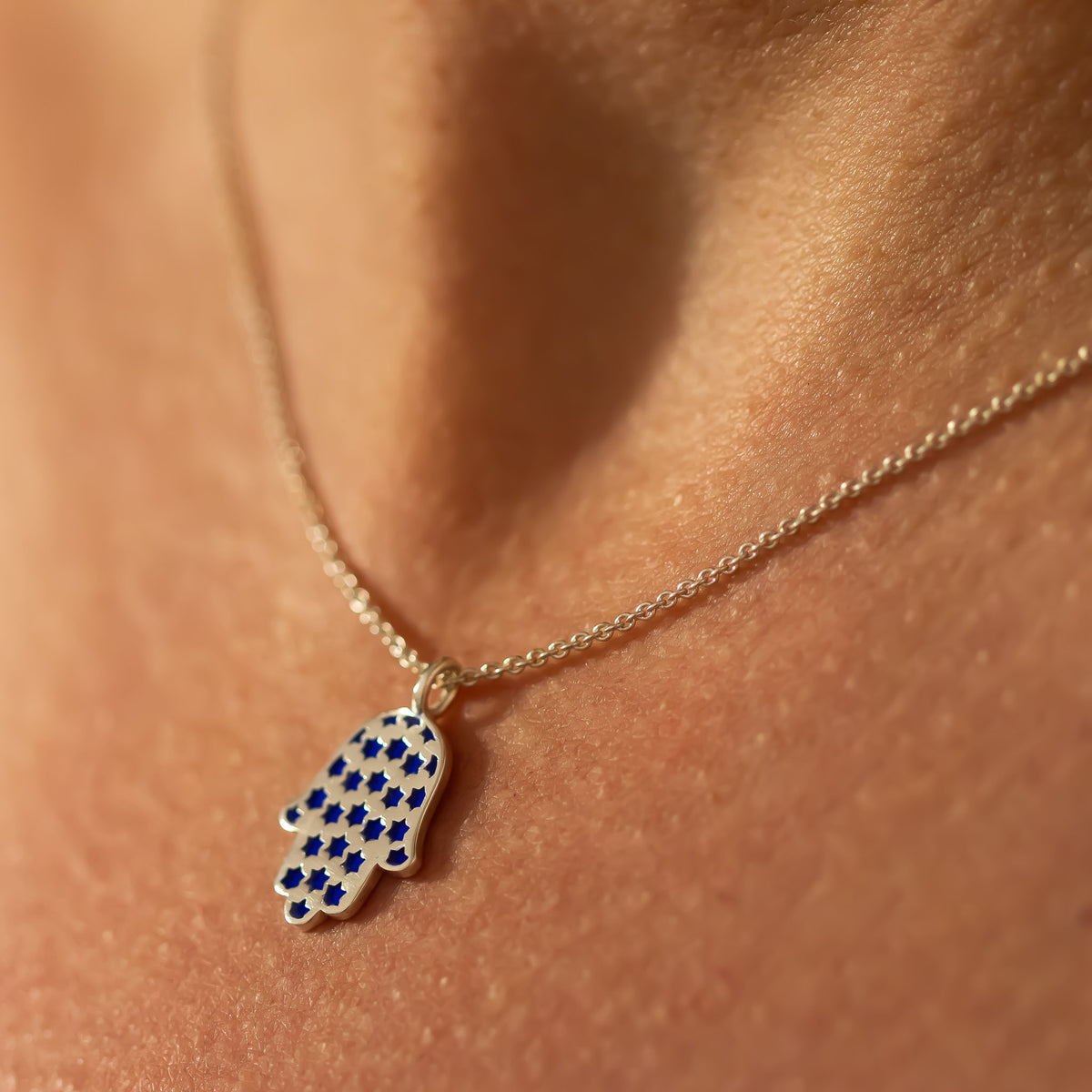 Hamsa Made in Israel Hamsa Pendant Necklace, 14k Gold Hamsa Pendant, Blue Enamel Magen David, Blue and White Hamsa Necklace Star of David