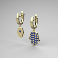 Gold Hamsa Earrings, Jewish Star of David Hamsa Dangle Earrings, 14K Gold Hamsa Dangle Earrings, Blue Star, White Gold Hamsa Earrings