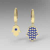 Gold Hamsa Earrings, Jewish Star of David Hamsa Dangle Earrings, 14K Gold Hamsa Dangle Earrings, Blue Star, White Gold Hamsa Earrings