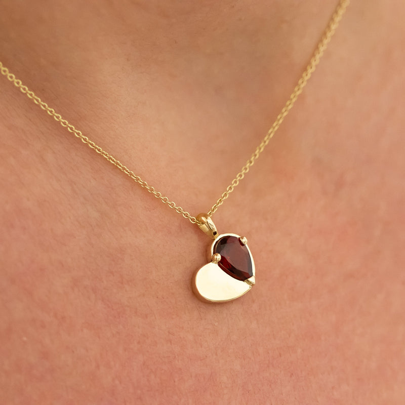 Ready To Ship - Garnet Heart Pendant Necklace, January Birthstone, Gemstone Heart Necklace, 14K Gold Pendant, Personalized Initial Engraving