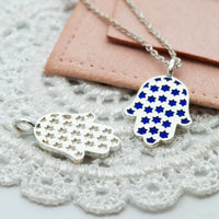 Hamsa Made in Israel Hamsa Pendant Necklace, 14k Gold Hamsa Pendant, Blue Enamel Magen David, Blue and White Hamsa Necklace Star of David