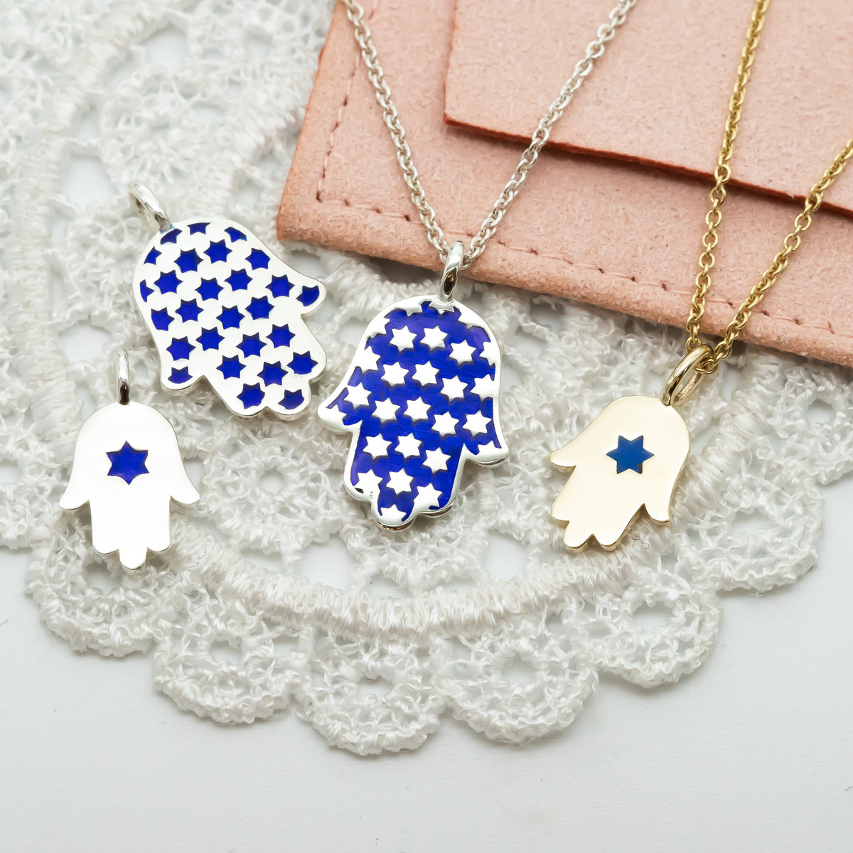 Hamsa Made in Israel Hamsa Pendant Necklace, 14k Gold Hamsa Pendant, Blue Enamel Magen David, Blue and White Hamsa Necklace Star of David