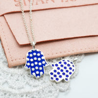Hamsa Made in Israel Hamsa Pendant Necklace, 14k Gold Hamsa Pendant, Blue Enamel Magen David, Blue and White Hamsa Necklace Star of David