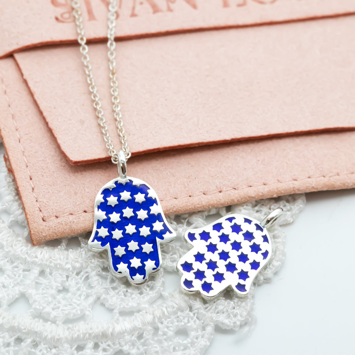 Hamsa Made in Israel Hamsa Pendant Necklace, 14k Gold Hamsa Pendant, Blue Enamel Magen David, Blue and White Hamsa Necklace Star of David