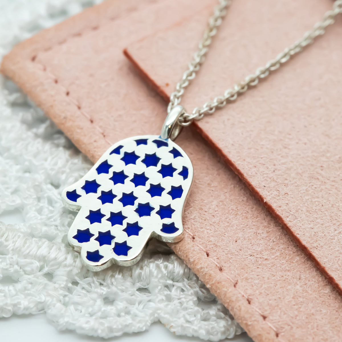 Hamsa Made in Israel Hamsa Pendant Necklace, 14k Gold Hamsa Pendant, Blue Enamel Magen David, Blue and White Hamsa Necklace Star of David