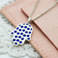 Hamsa Made in Israel Hamsa Pendant Necklace, 14k Gold Hamsa Pendant, Blue Enamel Magen David, Blue and White Hamsa Necklace Star of David