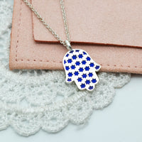 Hamsa Made in Israel Hamsa Pendant Necklace, 14k Gold Hamsa Pendant, Blue Enamel Magen David, Blue and White Hamsa Necklace Star of David