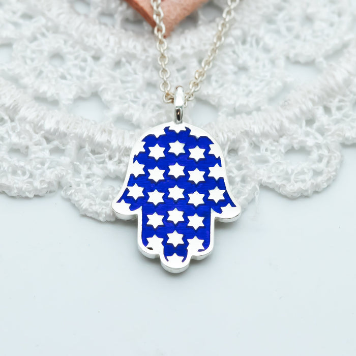 Hamsa Made in Israel Hamsa Pendant Necklace, 14k Gold Hamsa Pendant, Blue Enamel Magen David, Blue and White Hamsa Necklace Star of David