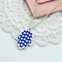 Hamsa Made in Israel Hamsa Pendant Necklace, 14k Gold Hamsa Pendant, Blue Enamel Magen David, Blue and White Hamsa Necklace Star of David