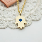 Hamsa Star of David Pendant Necklace Made in Israel, 14k Gold Hamsa Pendant, Blue Star of David Hand Chain, Magen David Necklace from Israel