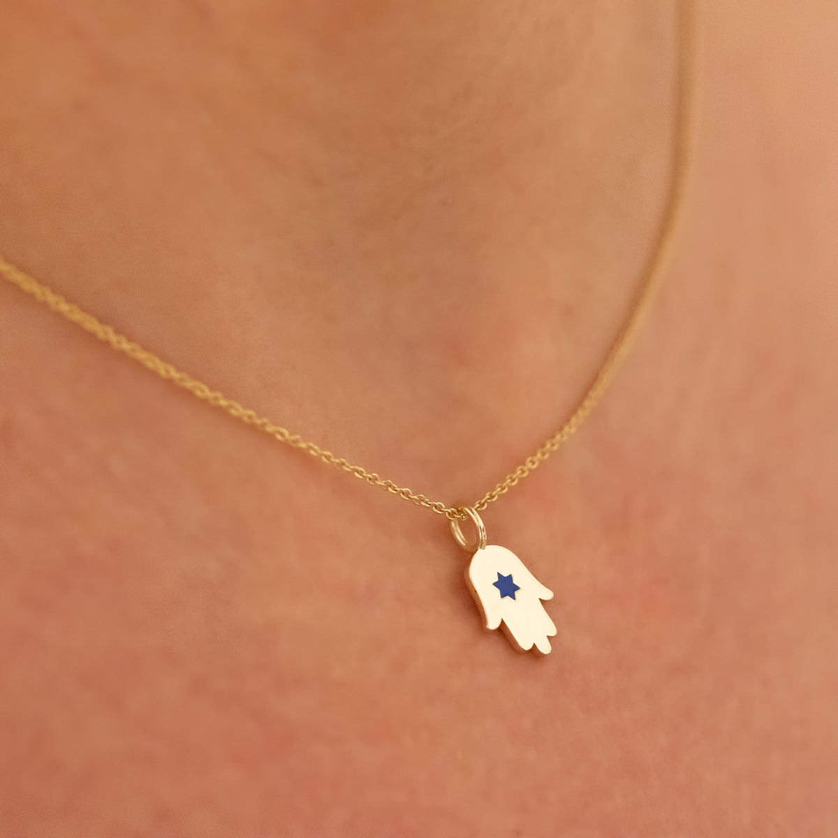 Hamsa Star of David Pendant Necklace Made in Israel, 14k Gold Hamsa Pendant, Blue Star of David Hand Chain, Magen David Necklace from Israel