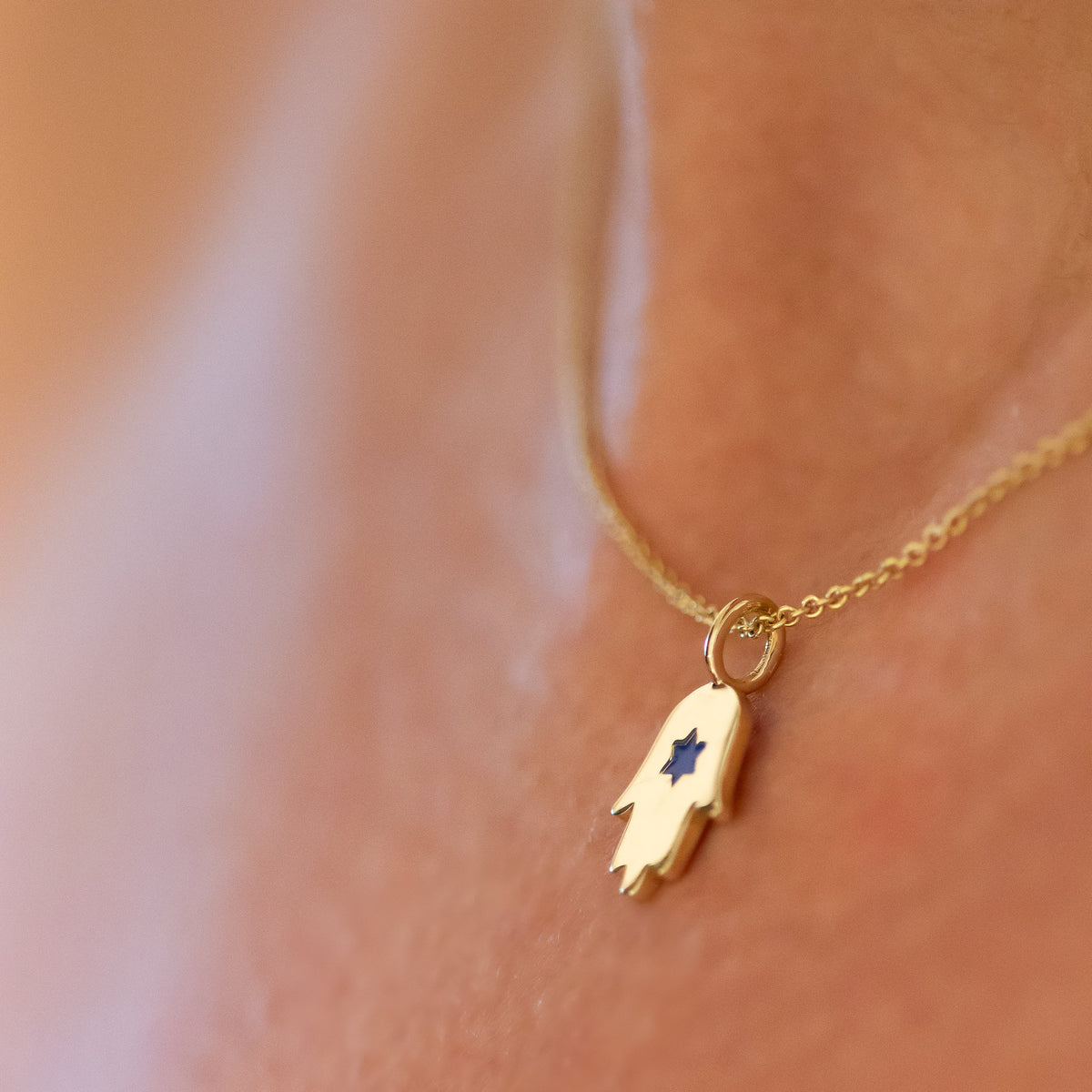 Hamsa Star of David Pendant Necklace Made in Israel, 14k Gold Hamsa Pendant, Blue Star of David Hand Chain, Magen David Necklace from Israel