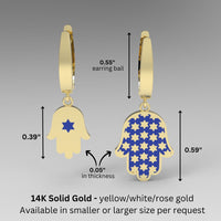 Gold Hamsa Earrings, Jewish Star of David Hamsa Dangle Earrings, 14K Gold Hamsa Dangle Earrings, Blue Star, White Gold Hamsa Earrings
