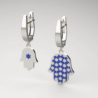 Gold Hamsa Earrings, Jewish Star of David Hamsa Dangle Earrings, 14K Gold Hamsa Dangle Earrings, Blue Star, White Gold Hamsa Earrings