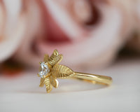 Leaf diamond ring, nature inspired diamond ring, yellow gold leaves engagement ring