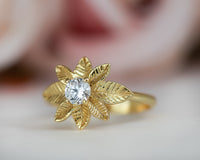 Leaf diamond ring, nature inspired diamond ring, yellow gold leaves engagement ring
